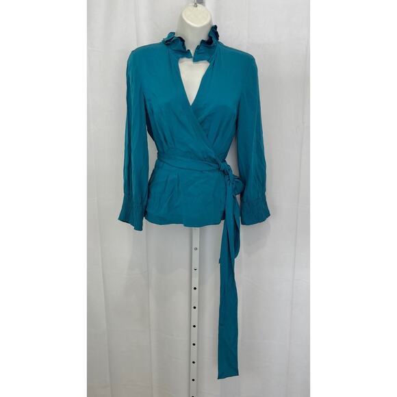 DIANE VON FURSTENBERG DVF Silk Wrap Top Long Sleeve Stretch Teal Blue Size 4 - Picture 8 of 8